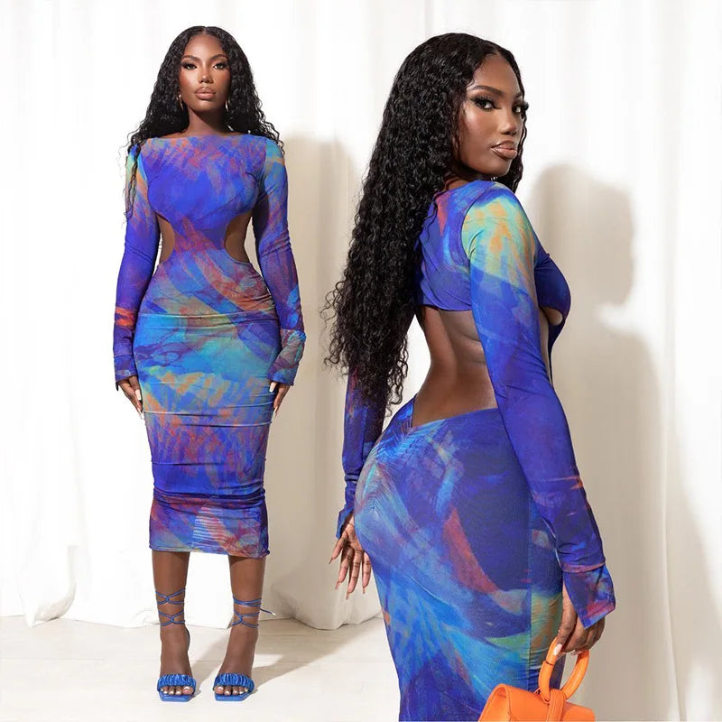 Blue Mesh-Sleeve Cutout Maxi Dress