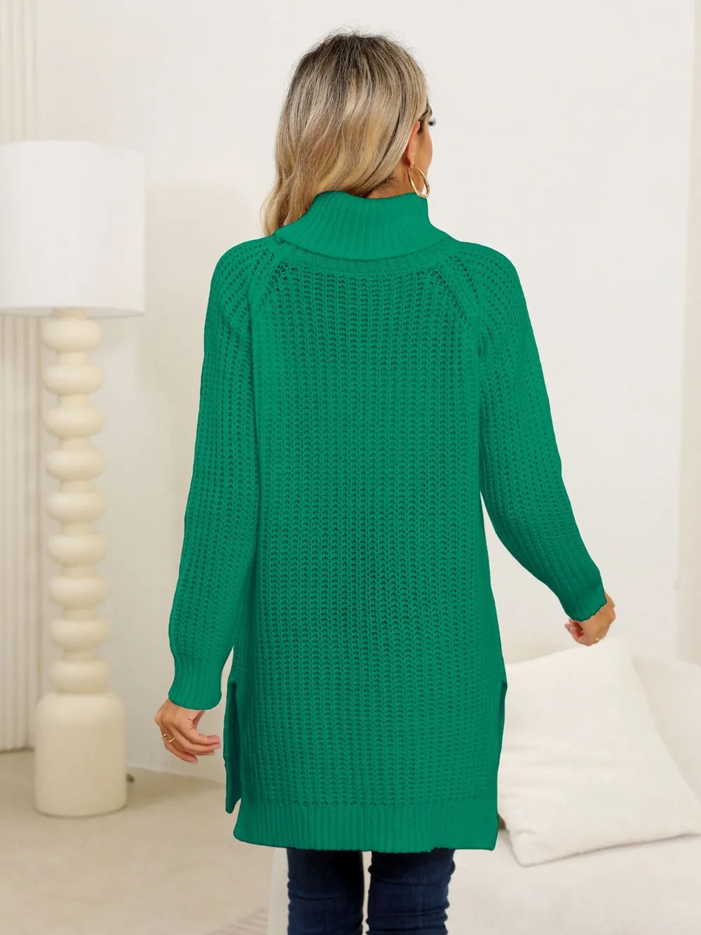 Slit Turtleneck Long-Sleeve Sweater
