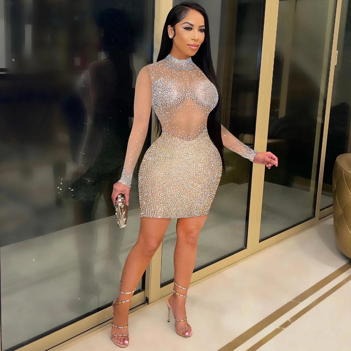 Glitter Mesh Long-Sleeve Mini Dress
