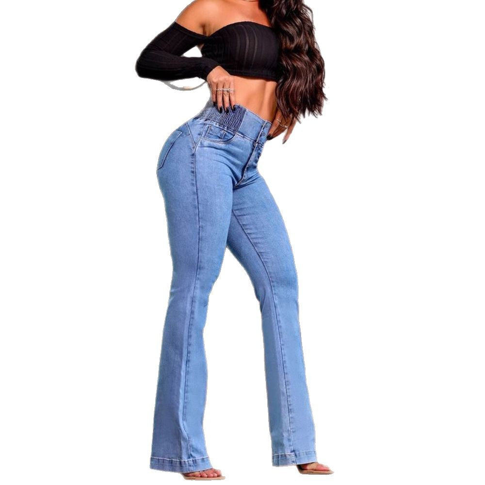 Elastic Waist High-Waisted Stretch Slim Fit Flared Butt-Lifting Denim Pants