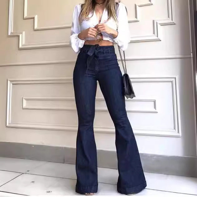 High-Waisted Hip-Lifting Belted Slim Fit Flared Jeans for Women