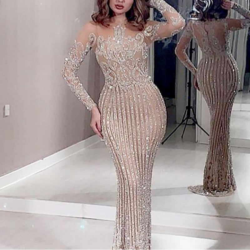Long skirt mid waist temperament commuting gold sequins solid color chest wrap stretch gold slimming dress