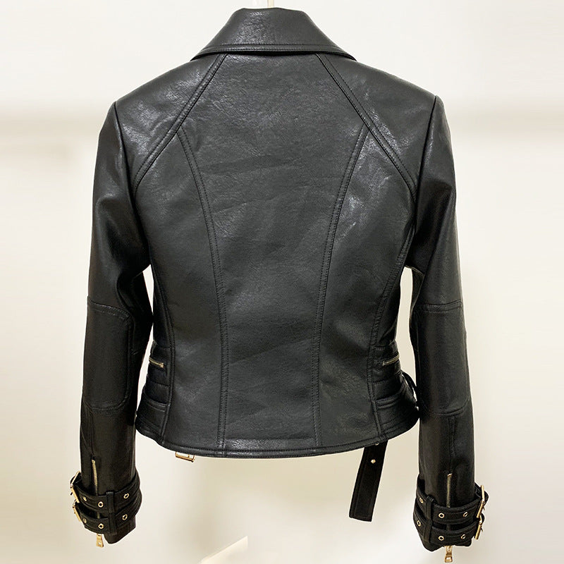 New Women's Jacket Fashion Lion Button Slim Fit Double Zipper Inclined Zipper Motorcycle Leather Coat