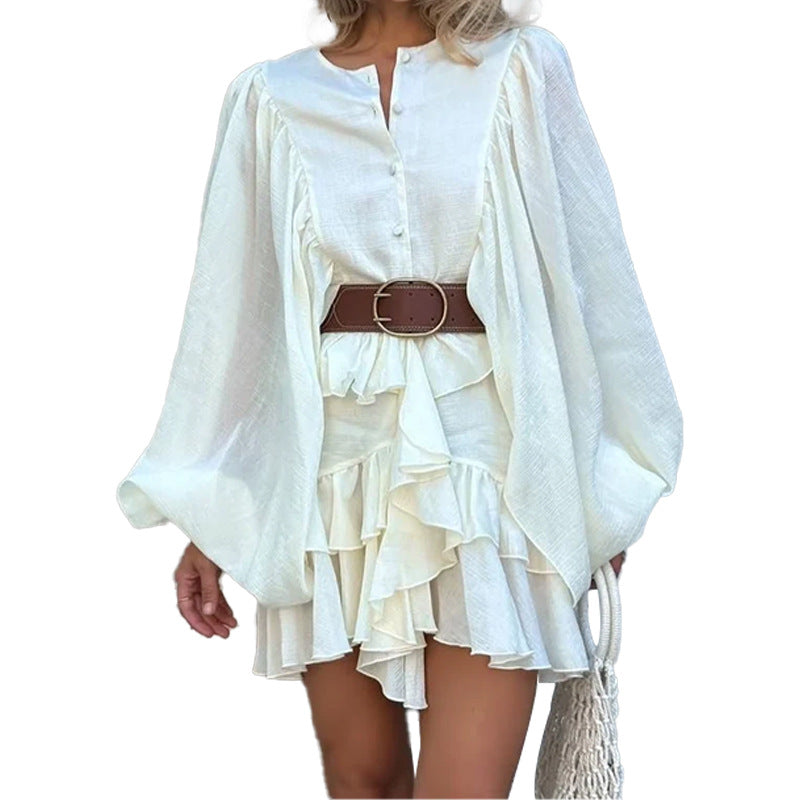 Simple Casual Style Solid Color Layered Ruffle Lantern Sleeve Dress for Women