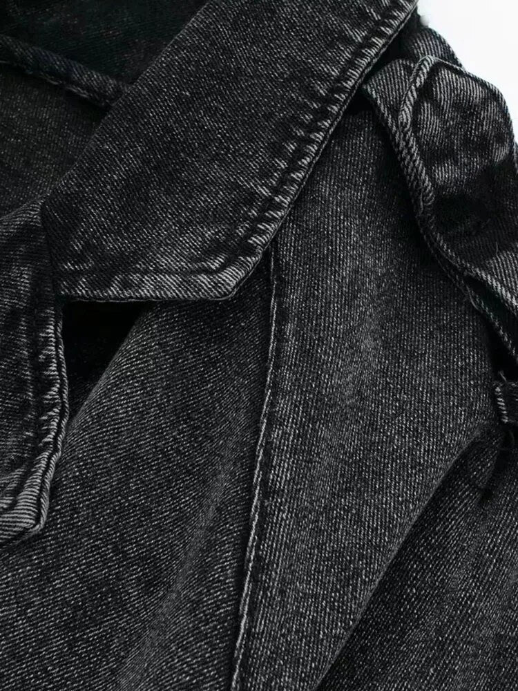 Woman Cropped Denim Jacket  Autumn Women With Belt Jean Jackets for Women Long Sleeve Bomber Streetwear Coats