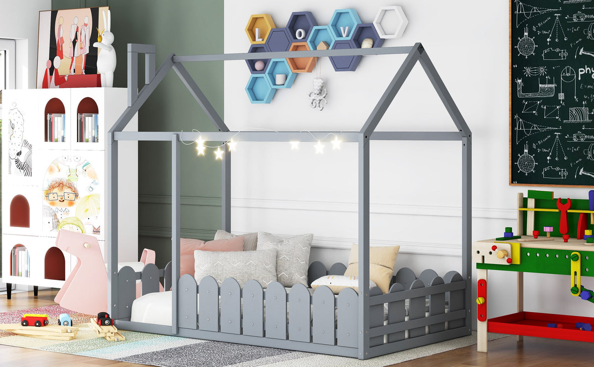 {Slats are not included}Twin Size Wood Bed House Bed Frame with Fence for Kids Teens Girls Boys {Gray}