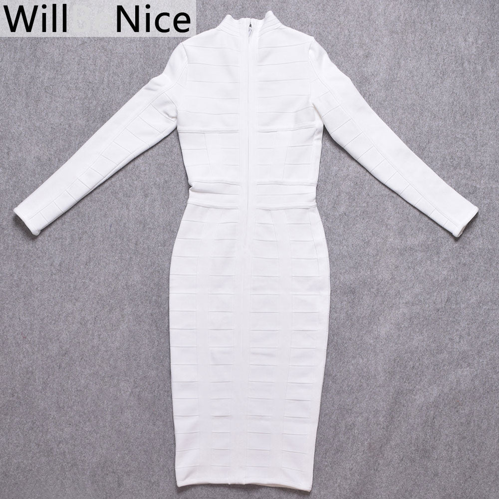 Women Bodycon Bandage Dress White Long Sleeve Hollow Out Club Dress Vestidos Celebrity Evening Party Midi Dress