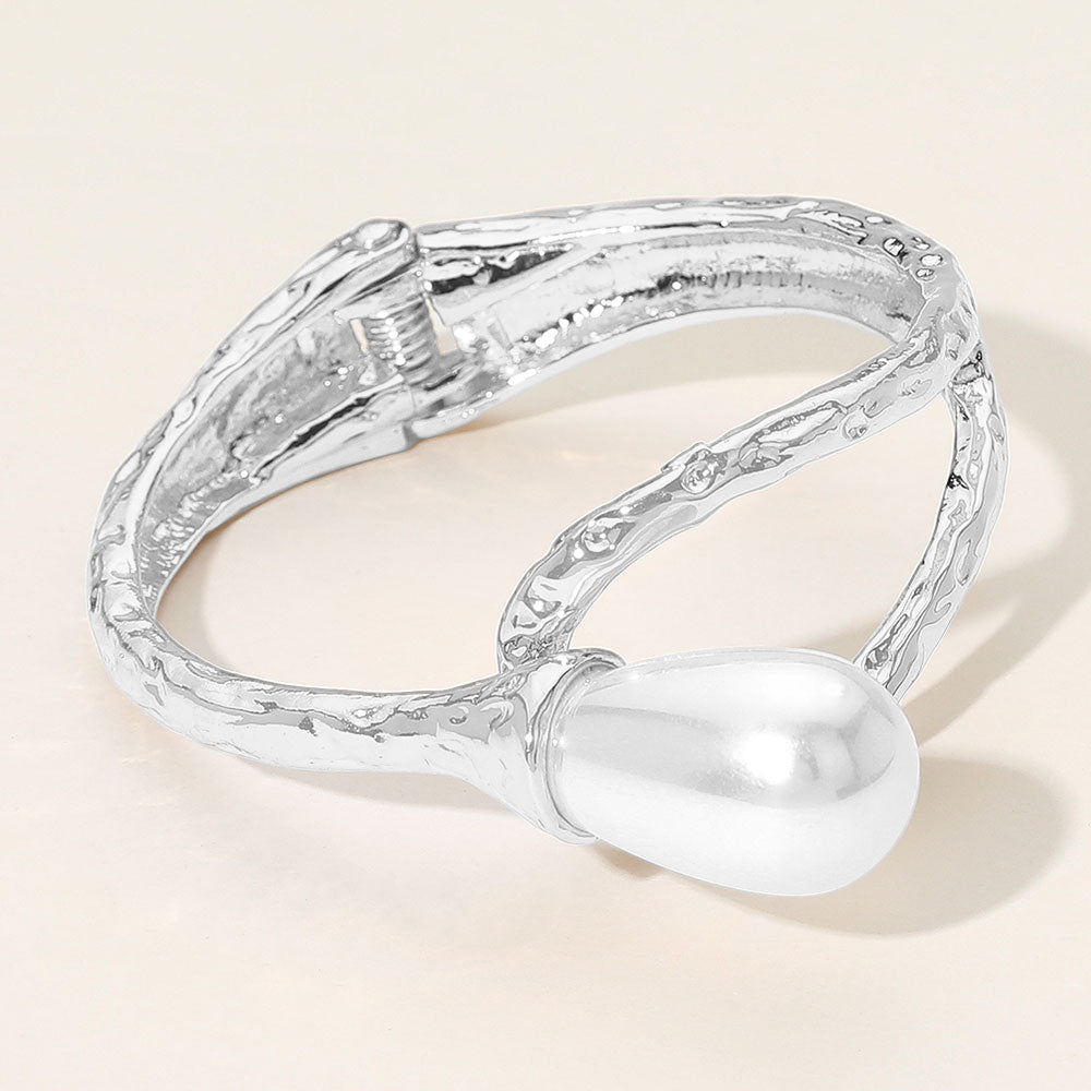 Pearl Accent Hammered Metal Hinged Bangle Bracelet