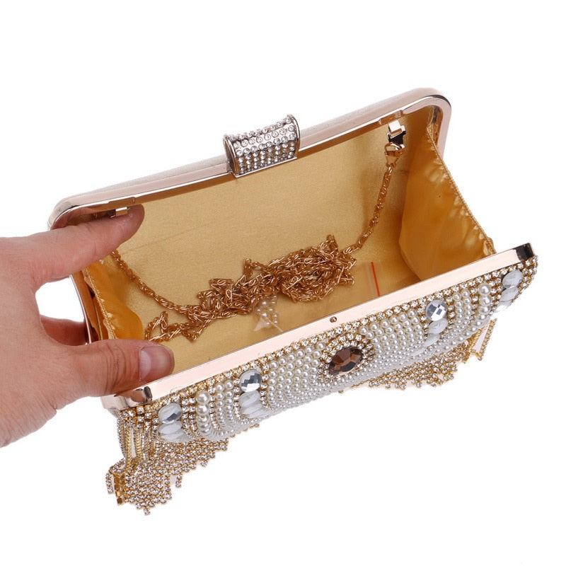 Rhinestones Tassel Clutch | Diamonds Beaded Metal Chain Shoulder Clutch