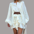 Simple Casual Style Solid Color Layered Ruffle Lantern Sleeve Dress for Women