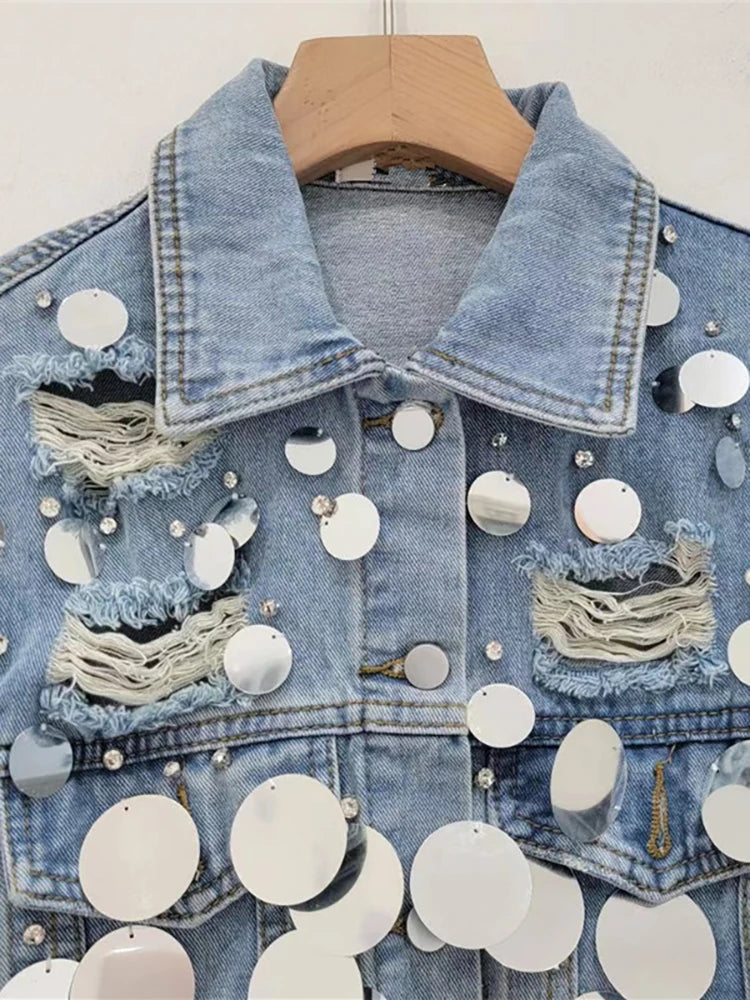 Women's Denim Coat Patchwork Sequins Broken Holes Diamonds Short Single Breasted Jackets  Autumn New Fashion