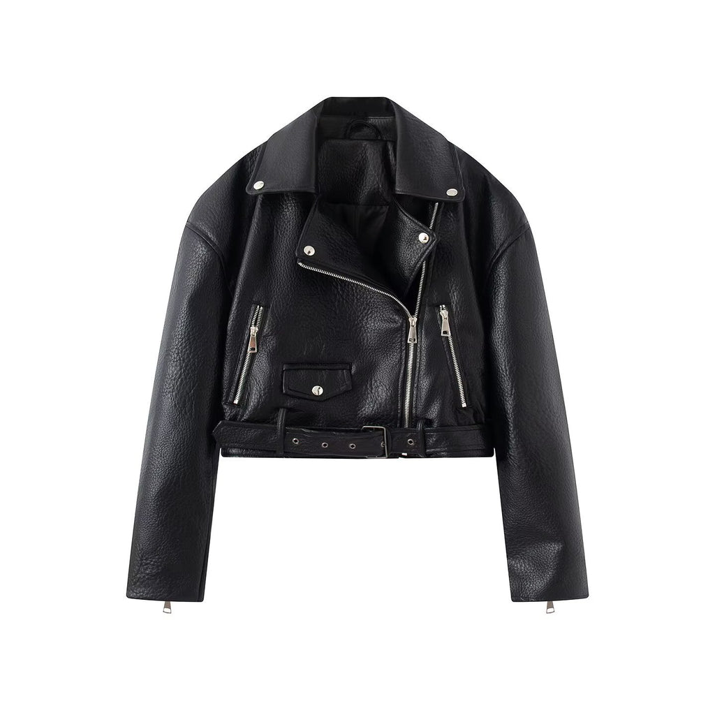 Long sleeved lapel faux leather motorcycle jacket