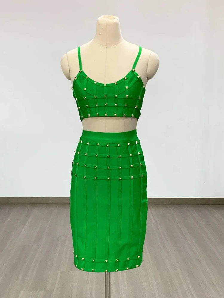 Blue Rivet Bandage Skirt Set