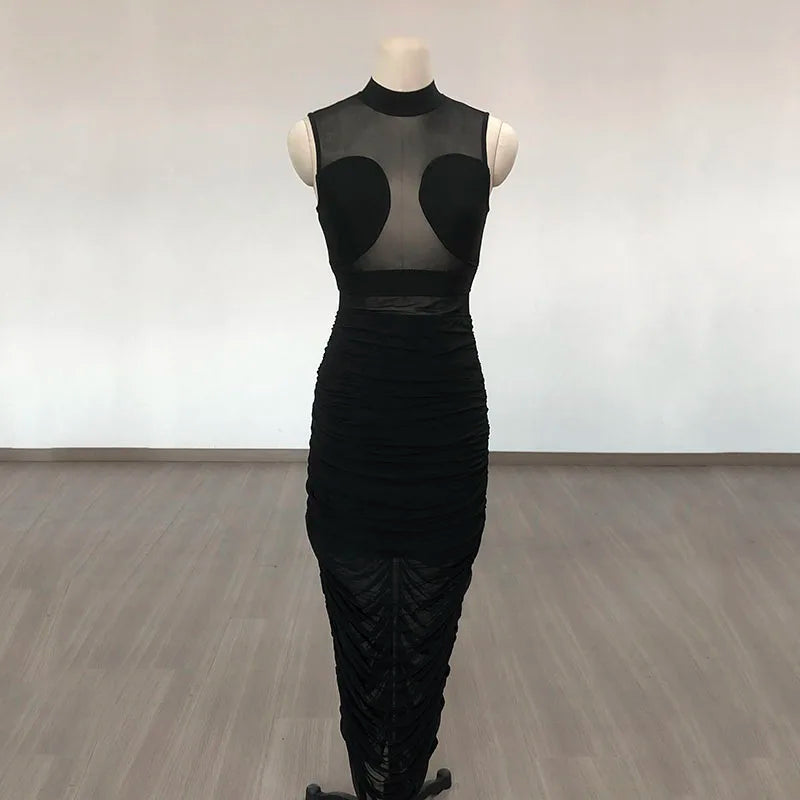 Celebrity Party Dresses For Women Sexy See Through Mesh Patchwork Bodycon Black Bandage Draped Stretch Dress