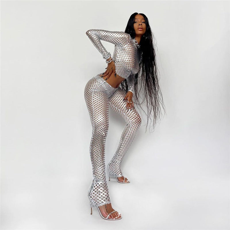 Metallic Mesh Two-Piece Pants Set
