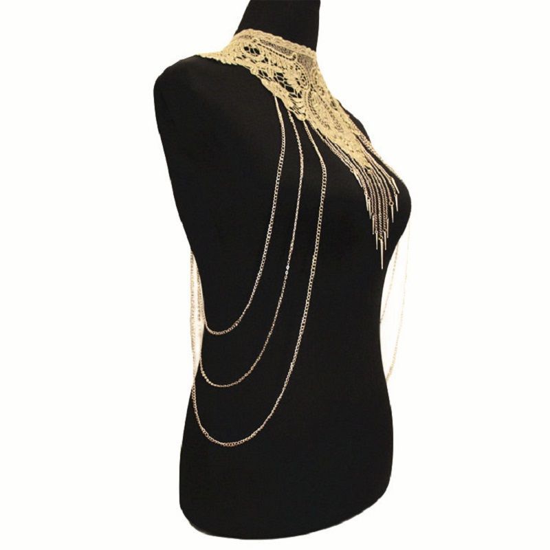 Body chain jewelry with gold lace and multi-layer tassel necklace body chain