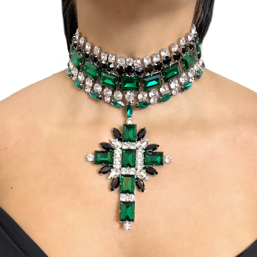 Rhinestone Cross Statement Necklace Set