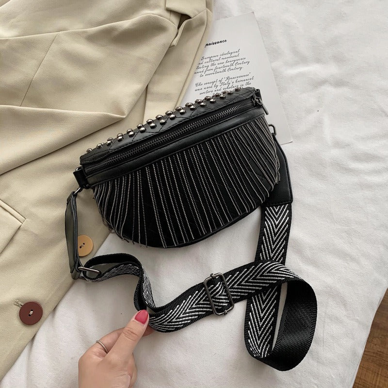 New Cross Body Rivet Casual Shoulder Bag Fashion Korean Wide Shoulder Strap Chest Bag Tassel Women's Bag