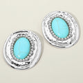 Bold Western Oval Turquoise Stone Center Beaded Frame Statement Earrings