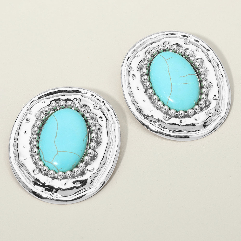 Bold Western Oval Turquoise Stone Center Beaded Frame Statement Earrings