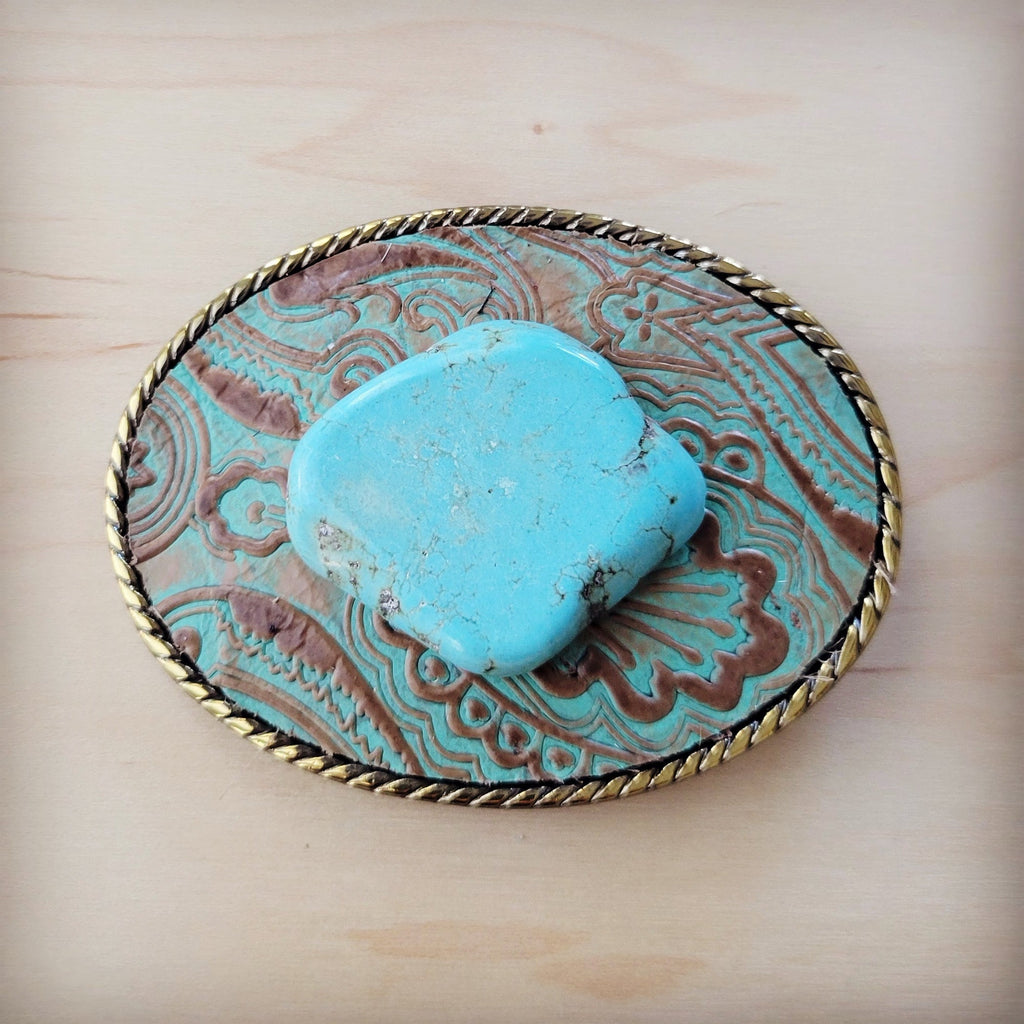 Rope Edge Napolis Leather Belt Buckle w/ Blue Turquoise 907s