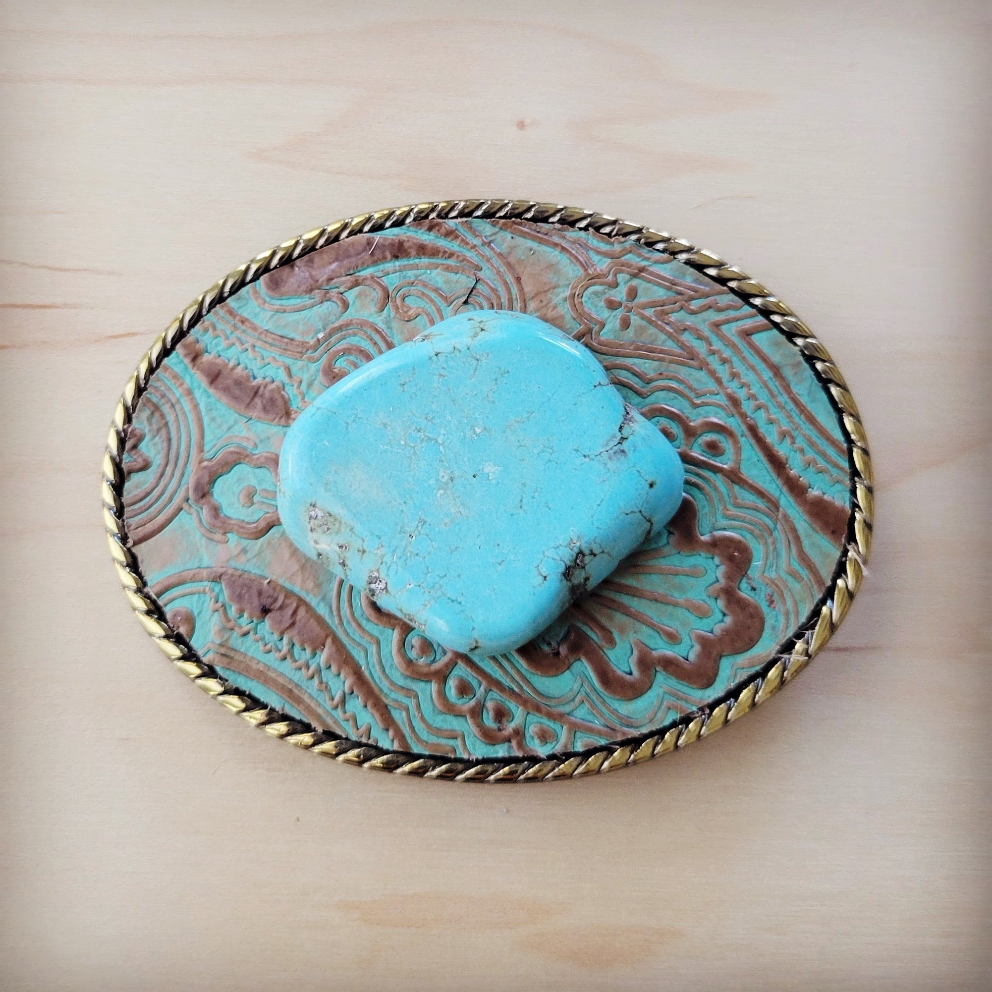 Rope Edge Napolis Leather Belt Buckle w/ Blue Turquoise 907s