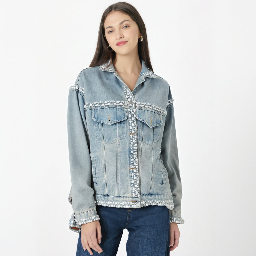 Women's Denim Coat Washed Light Blue Perals Embroidered Flares Single Breasted Jackets  Autumn New Fashion