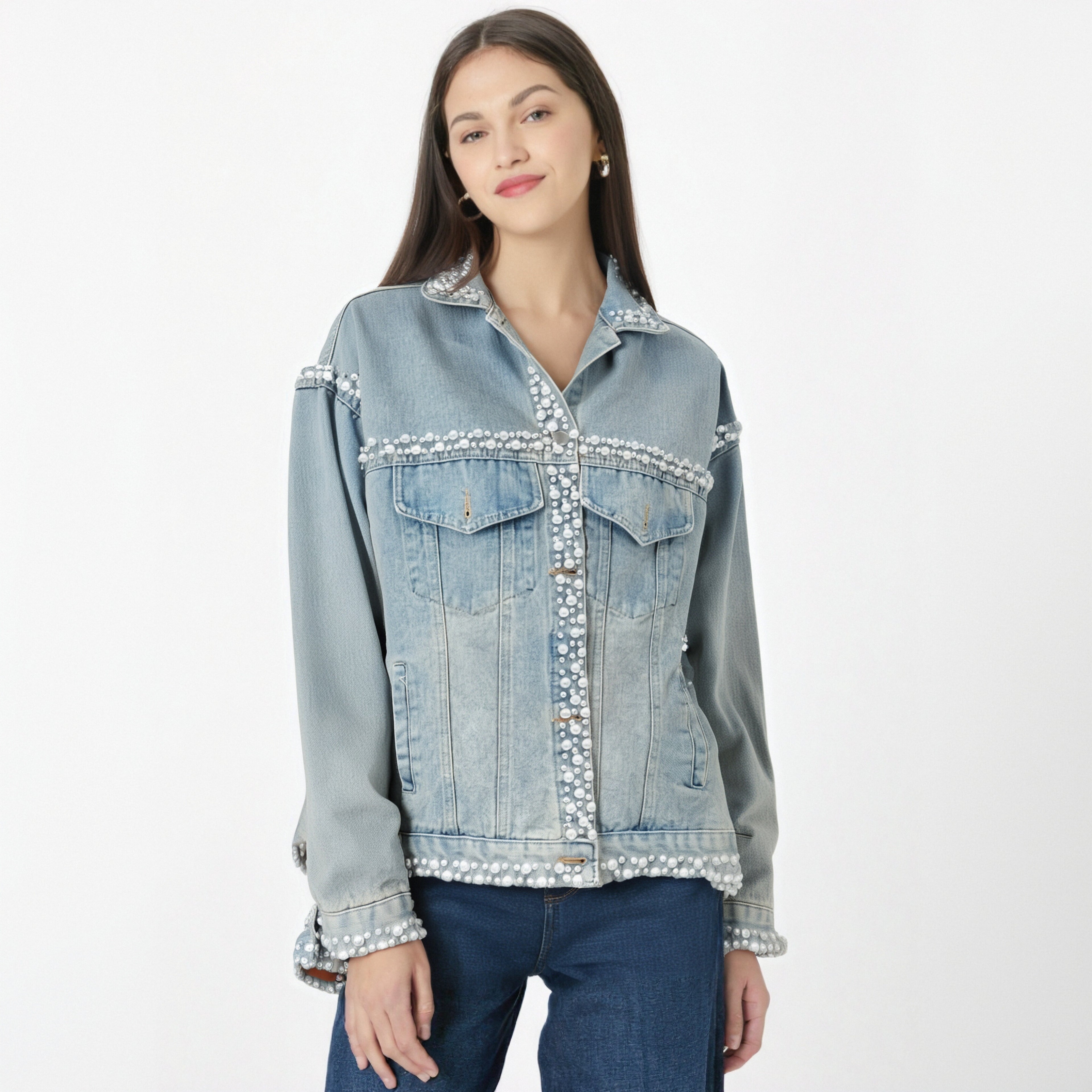 Women's Denim Coat Washed Light Blue Perals Embroidered Flares Single Breasted Jackets  Autumn New Fashion
