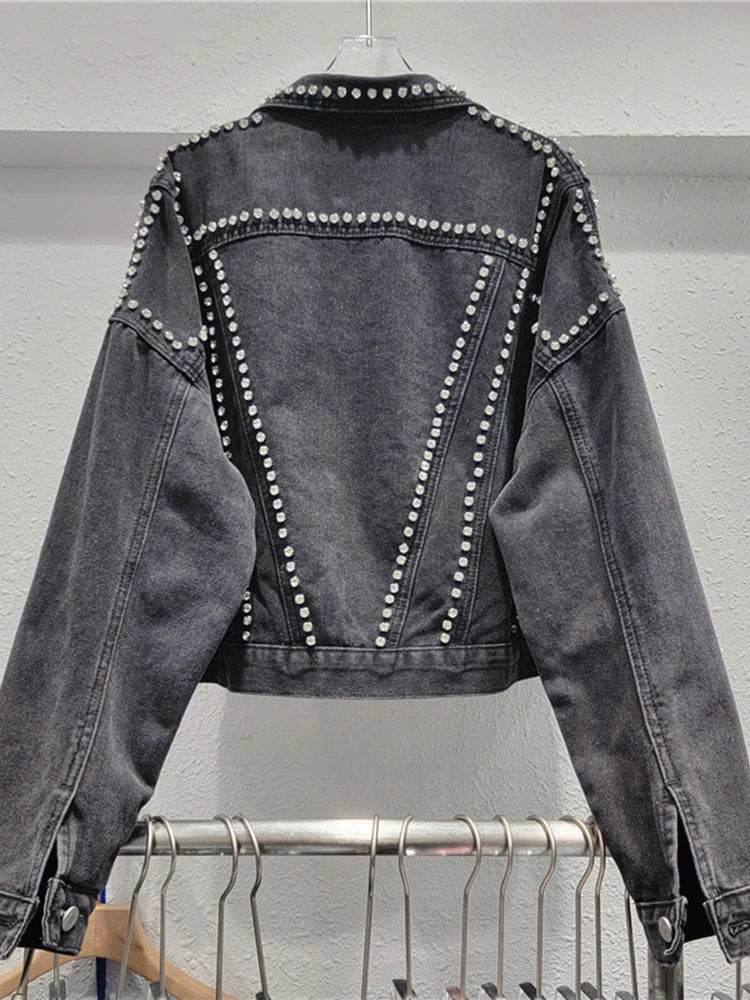 Women's Denim Jackets Long Sleeve Irregular Diamonds Single Breasted Loose Washed Coats  Autumn New Fashion