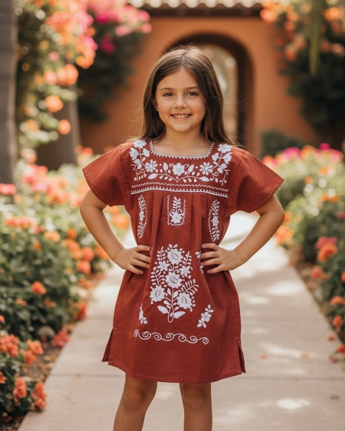 Burnt Orange White Mexican Puebla Dress for Girls