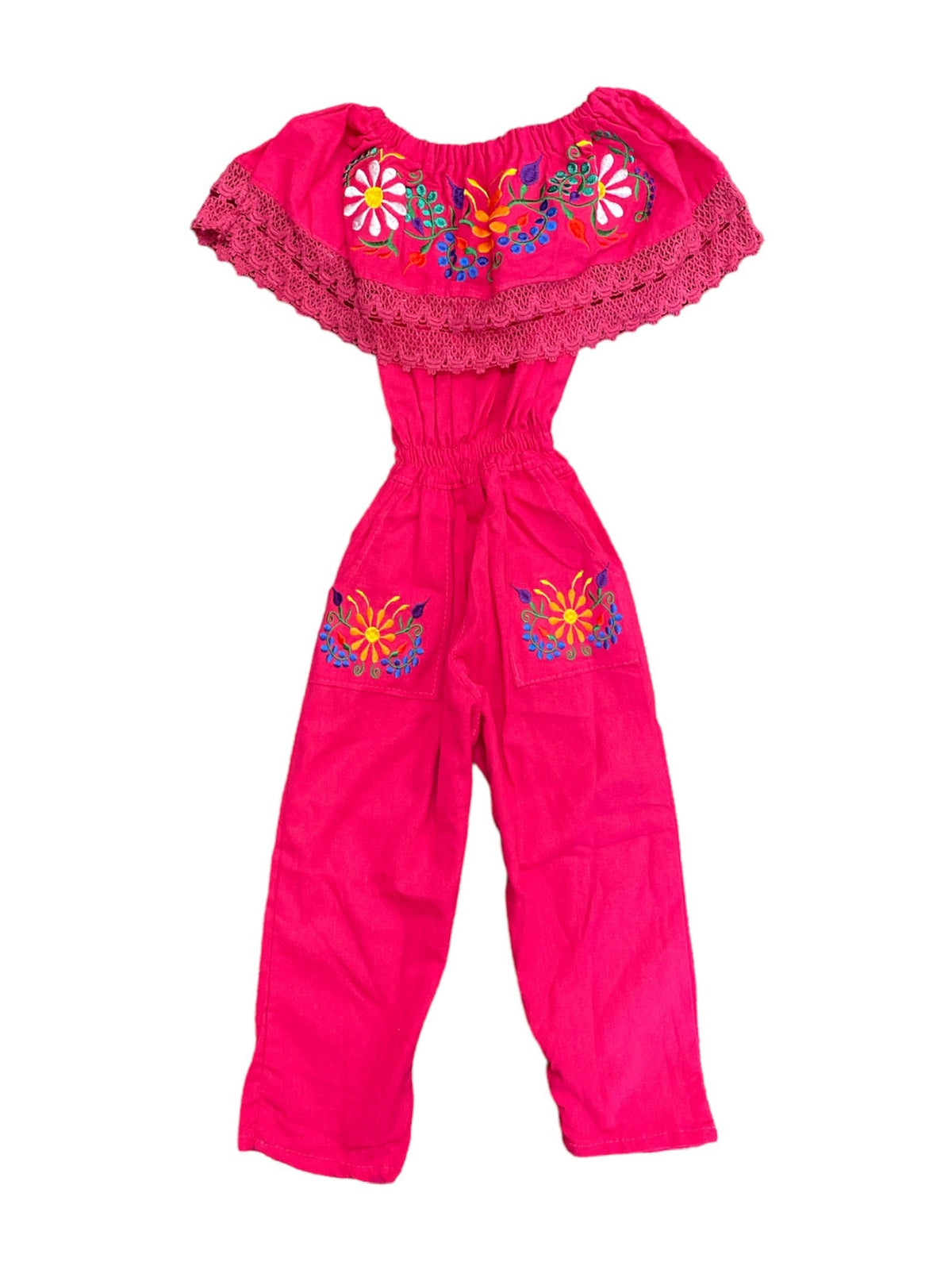 Girls' Mexican Embroidered Jumpsuit — Hot Pink