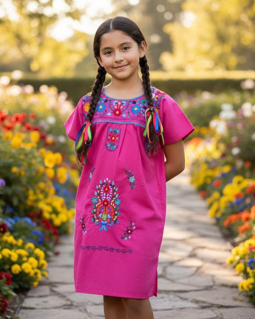Mexican Puebla Dress for Girls Hot Pink