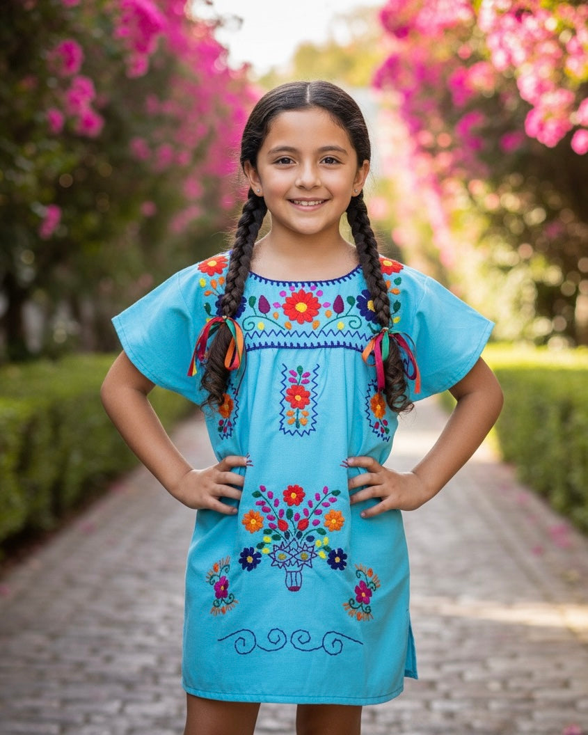 Mexican Puebla Dress for Girls Mint
