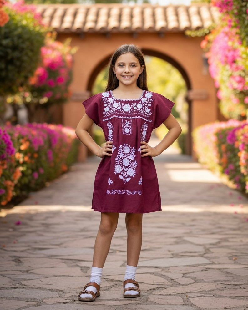 Maroon White Mexican Puebla Dress for Girls