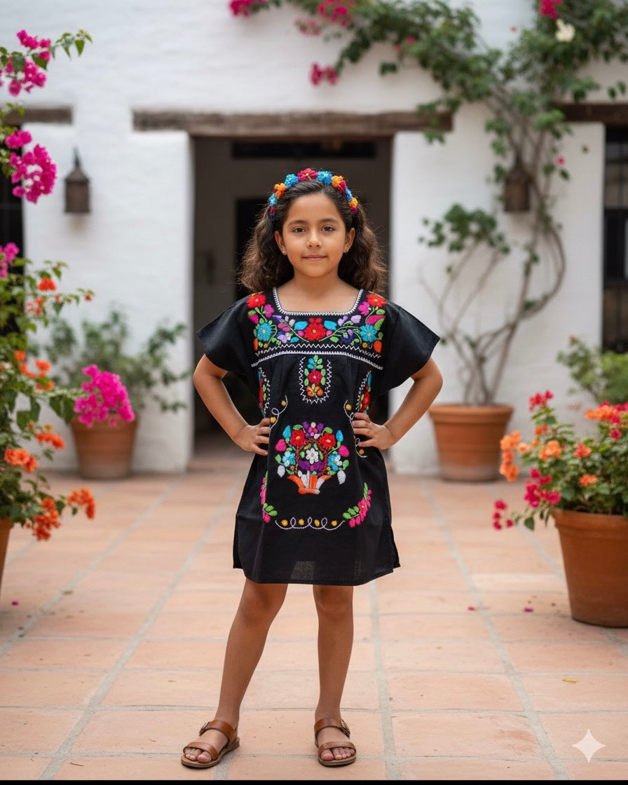 Mexican Puebla Dress for Girls Black
