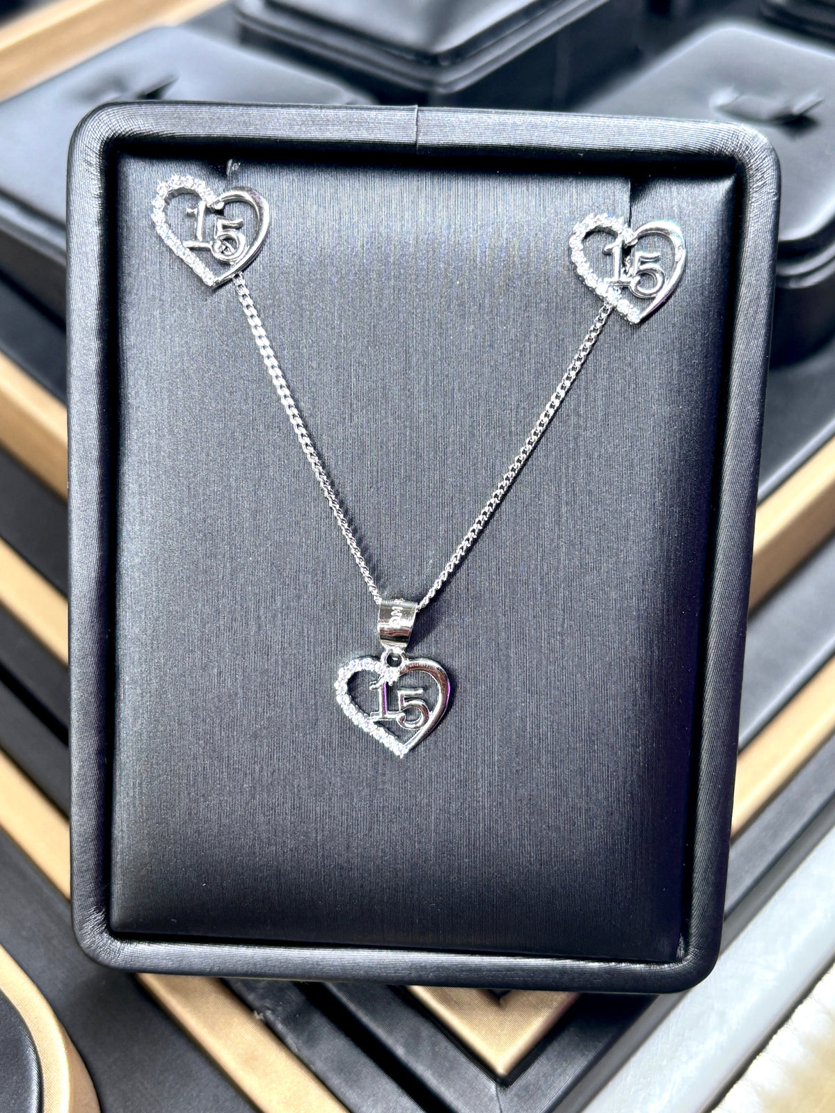 Quinceañera Necklace & Heart Earrings Set — Sterling Silver 925