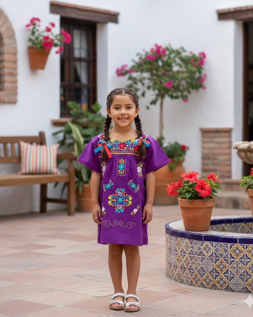 Mexican Puebla Dress for Girls Magenta