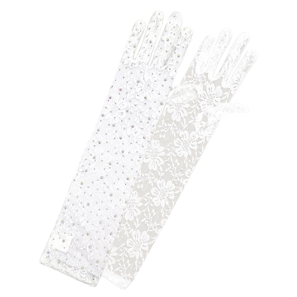 Stone Embellished Floral Lace Dressy Long Wedding Gloves