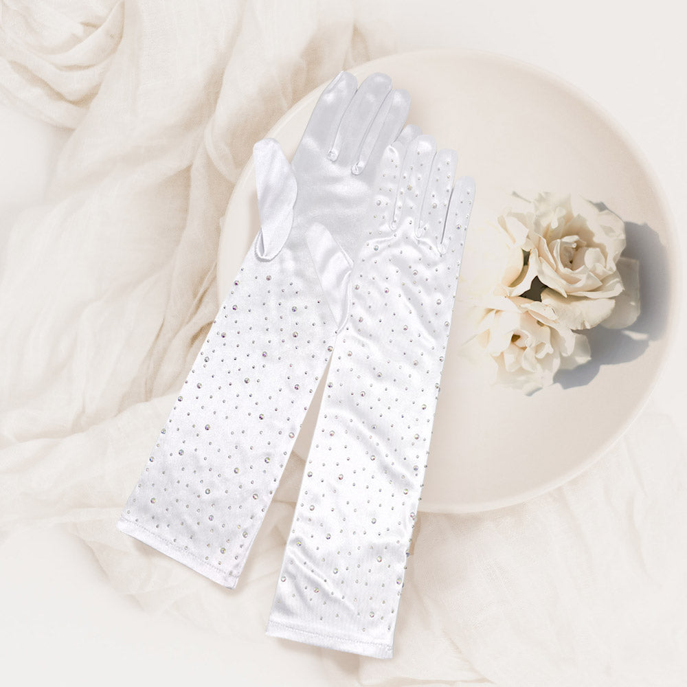 Stone Embellished Dressy Satin Long Wedding Gloves