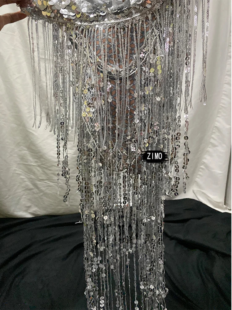 Silver Sequin Tassel Halter Bra & Shorts Stage Performance Set