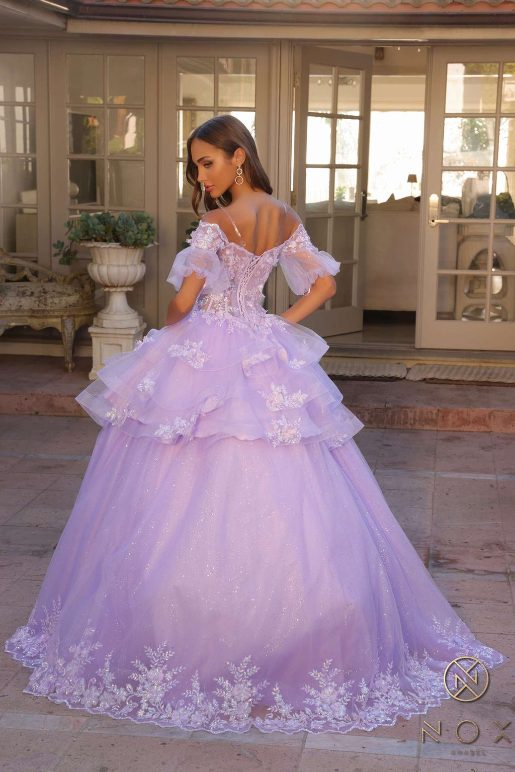 Nox Anabel H1360 Off the Shoulder 3D Floral A-Line Gown Removable Skirt