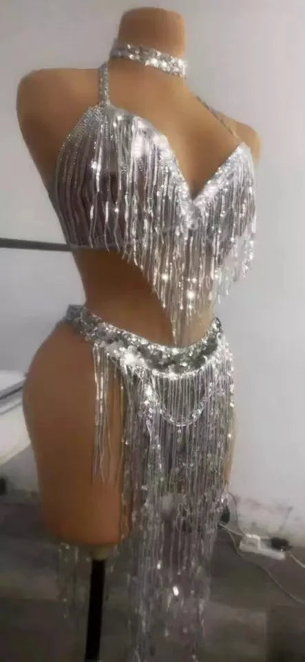 Silver Sequin Tassel Halter Bra & Shorts Stage Performance Set