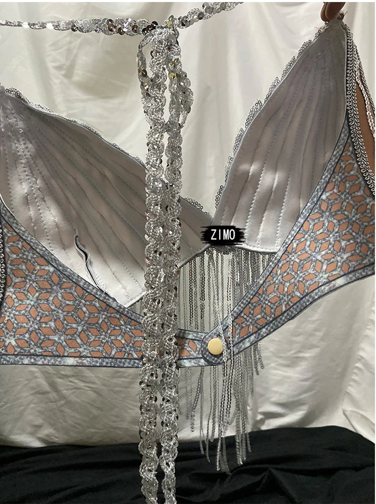 Silver Sequin Tassel Halter Bra & Shorts Stage Performance Set
