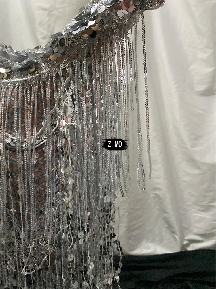 Silver Sequin Tassel Halter Bra & Shorts Stage Performance Set
