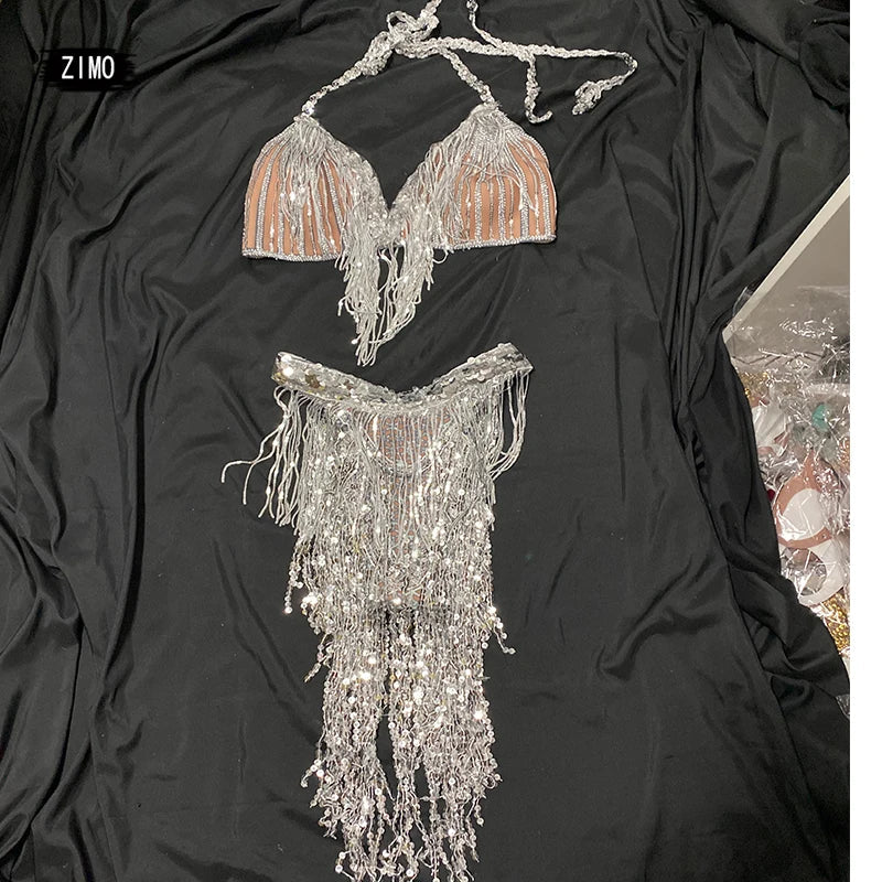 Silver Sequin Tassel Halter Bra & Shorts Stage Performance Set