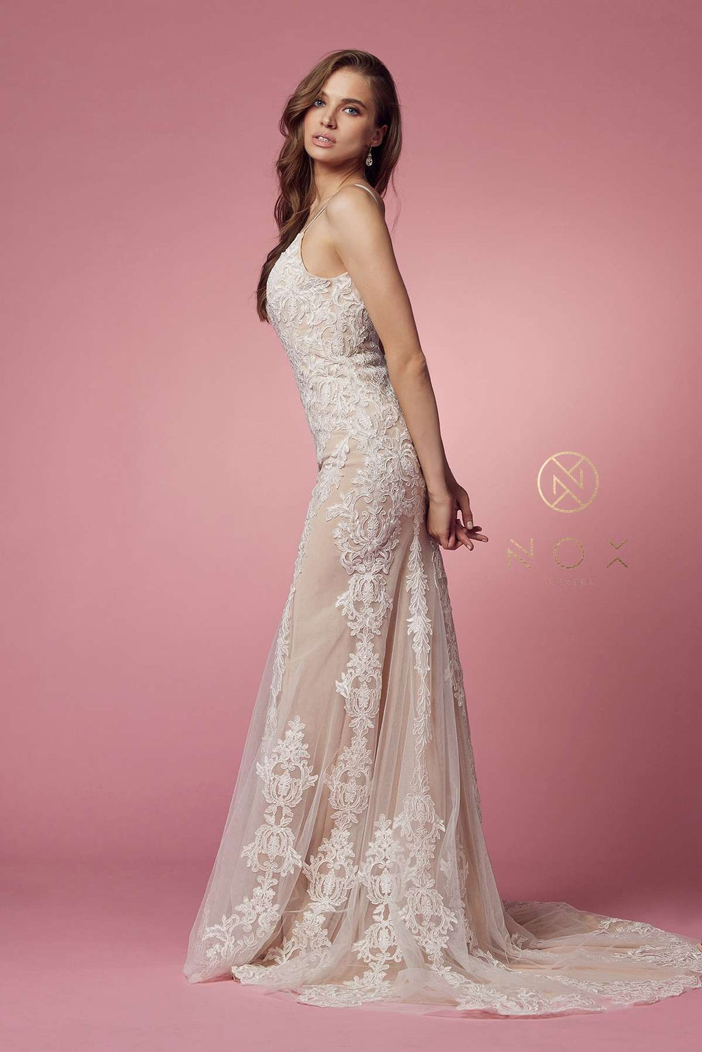 Nox Anabel H494 Spaghetti Strap V-Neckline Long Lace Wedding Gown