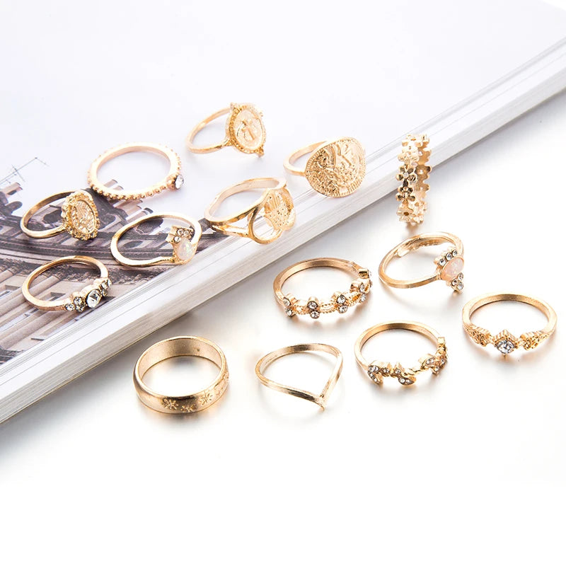 Tocona 15-Piece Gold-Tone Boho Ring Set