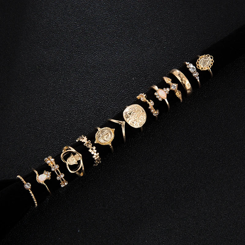 Tocona 15-Piece Gold-Tone Boho Ring Set
