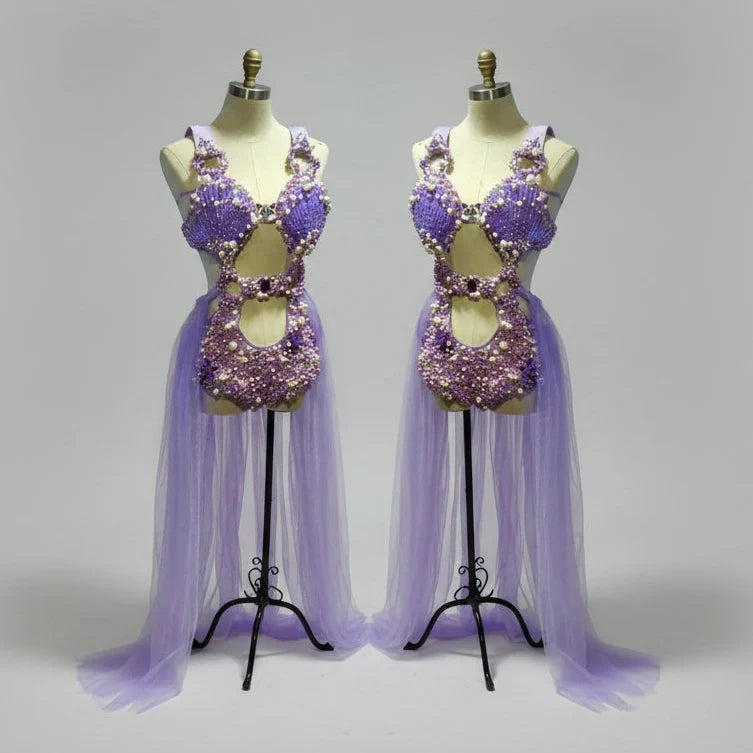 Purple Pearl Shell Crystal Bodysuit & Sheer Skirt 3-Piece Ocean Stage Costume Set