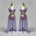 Purple Pearl Shell Crystal Bodysuit & Sheer Skirt 3-Piece Ocean Stage Costume Set